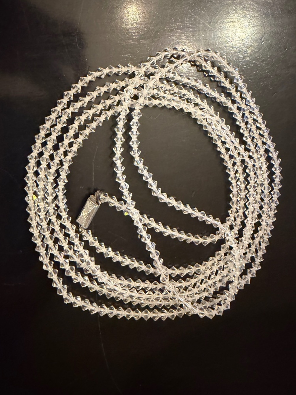 84" Clear Czech Bicone Crystal Necklace w Silver & Rhinestone Clasp